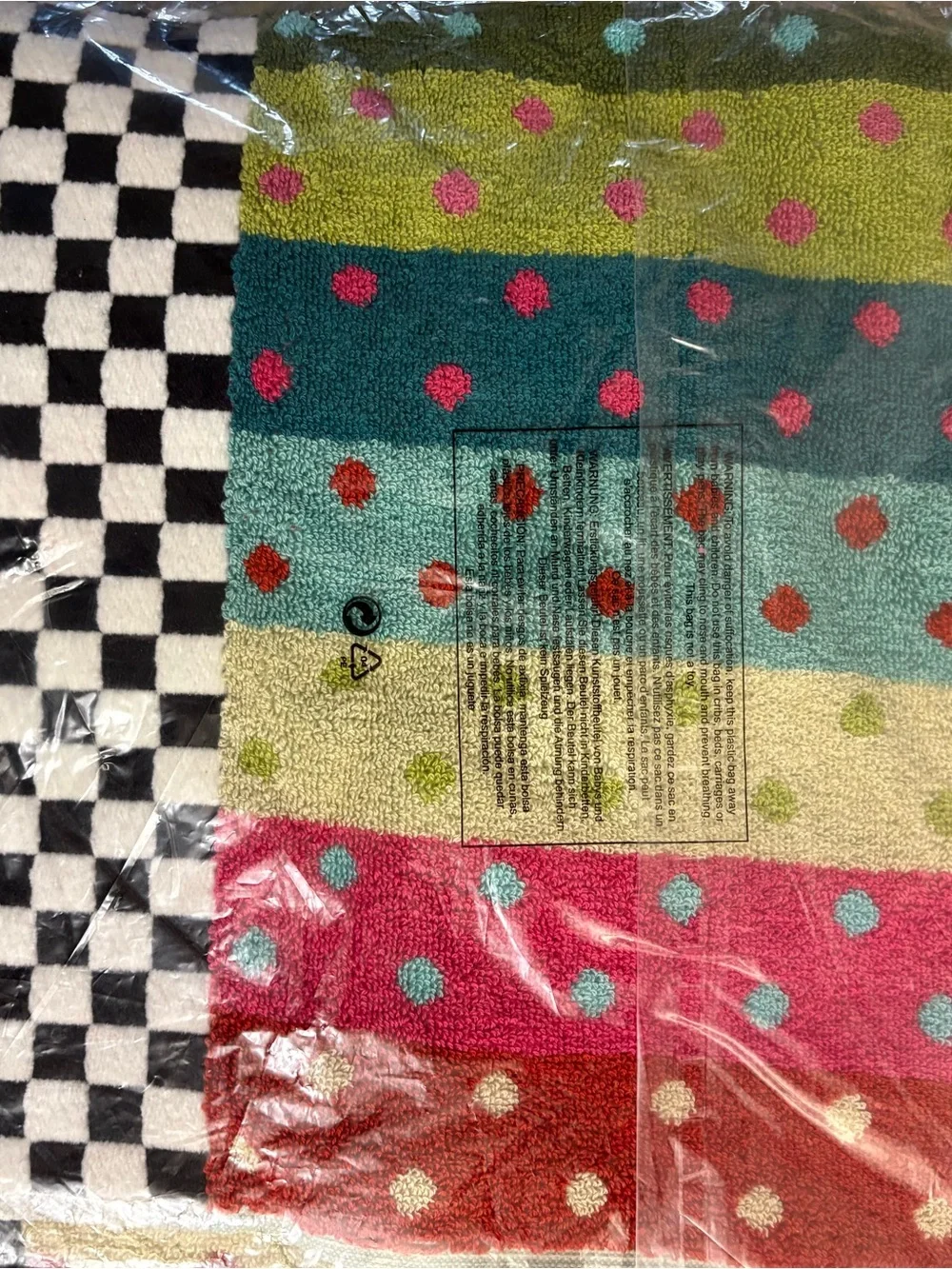 MacKenzie-Childs Black & White Checkerboard Bath Towel with Multicolor Dot Trim